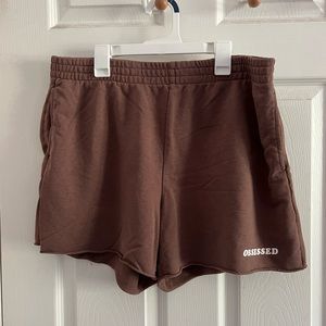 H AND M brown “obsessed” cut off  sweat shorts SIZE L